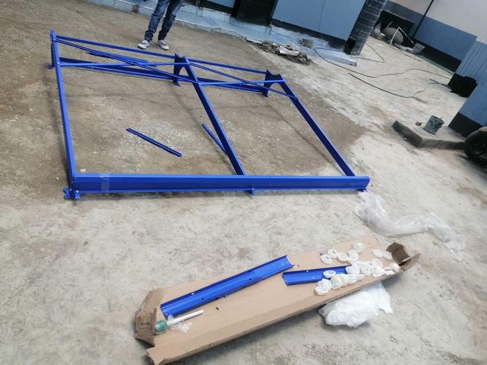 Blue steel solar mounting frame assembled on a flat roof